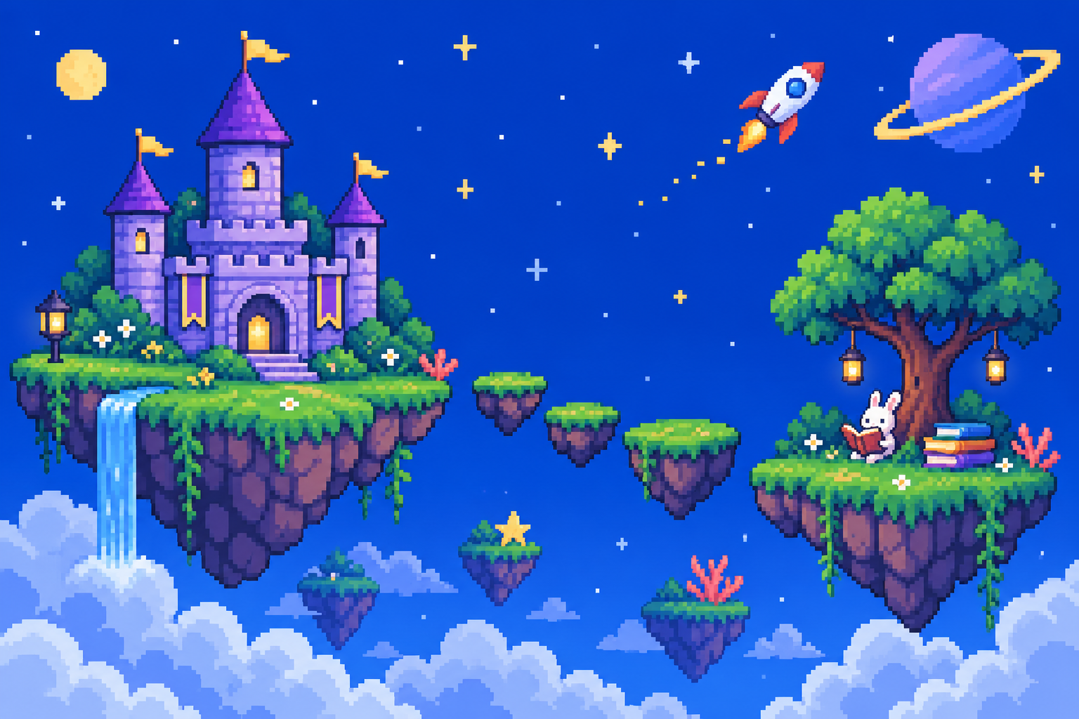 A pixel-art world with a castle, floating islands, books, a rocket, and a ringed planet.